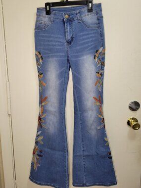 Shein floral fall colored leaves flare jeans